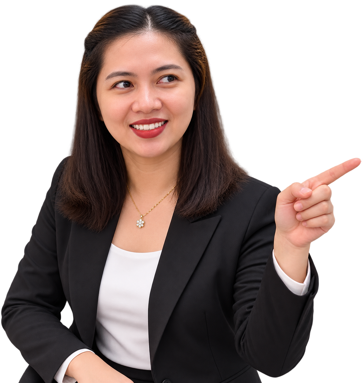 May Ann Llanes pointing toward her introduction